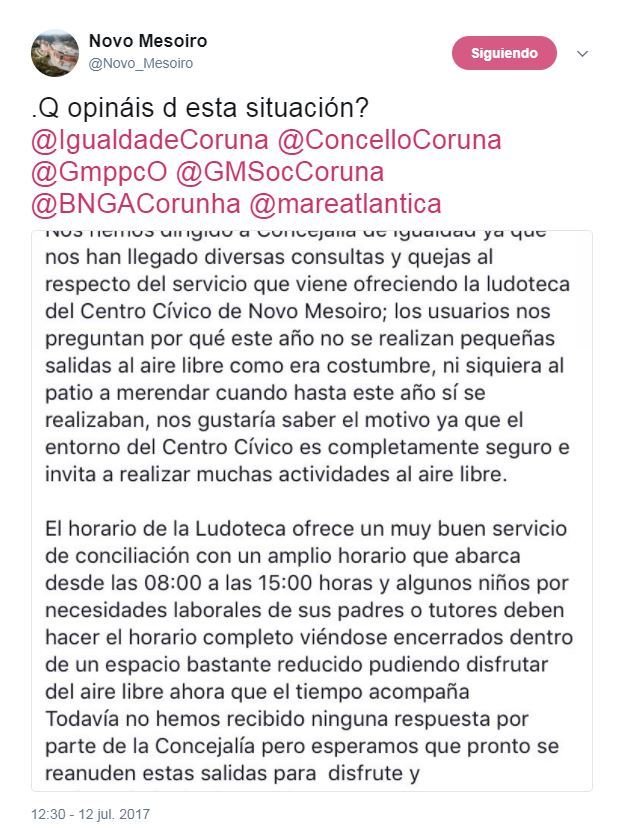 Captura de pantalla das queixas formuladas pola entidade veciñal