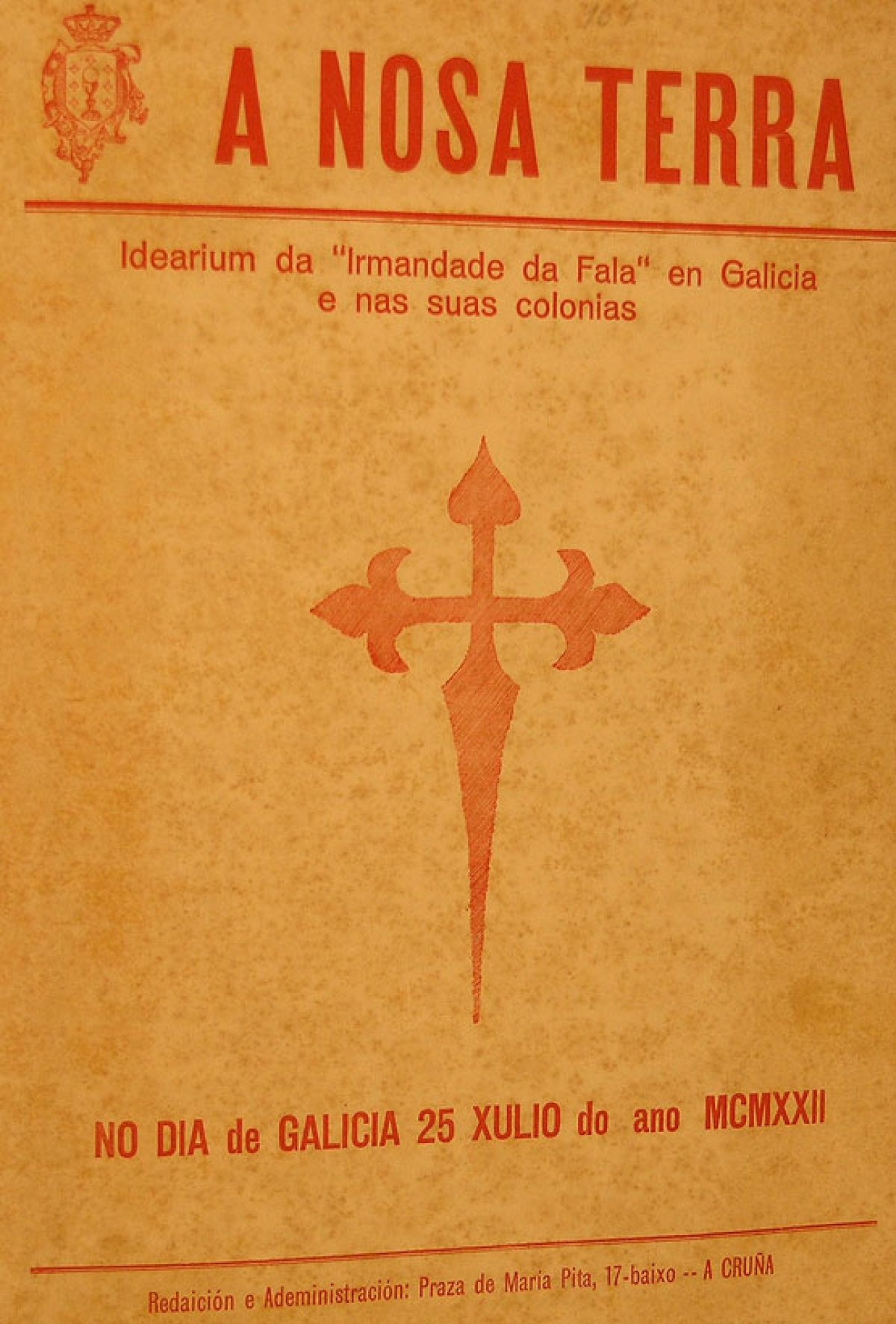 Capa da Nosa Terra, publicación das Irmandades da Fala, co gallo do Día da Patria en 1922